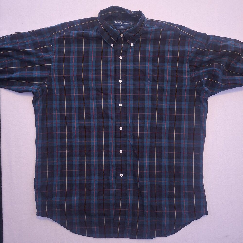 VINTAGE Polo Ralph Lauren Shirt Mens Large Green Plaid Blackwatch Pony Blake